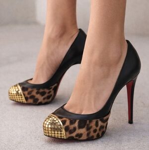 Christian Louboutin Black and Leopard Heels with Gold Tip
